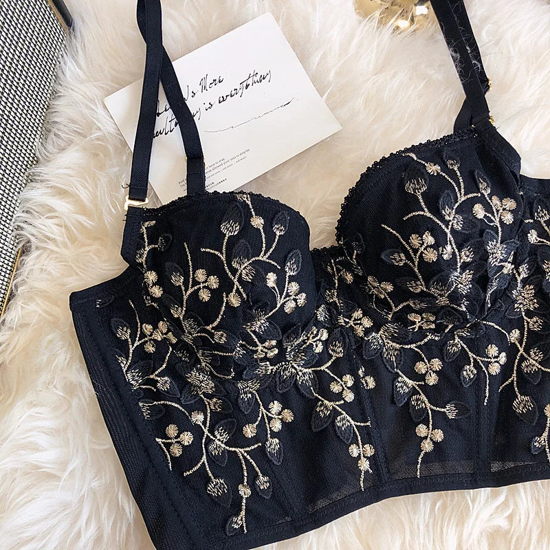 2 Pieces Sexy Lace Flowers Embroidery Underwear Set for Women French Body Shaping Push Up Bra Set Romantic White Lingerie Sets