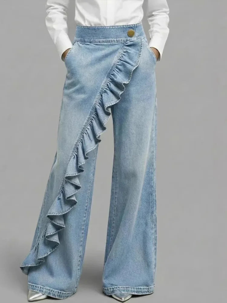 SHENGPALAE American Style Loose Irregular Splicing High Waisted A-line Wide Leg Jeans For Women Spring 2026 New