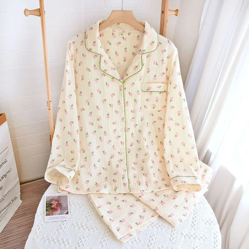 2023 Winter Women's Long Sleeved Pants Pajamas 100% Cotton Tulip Printing Home Service Set Simple Comfortable Pajamas Set