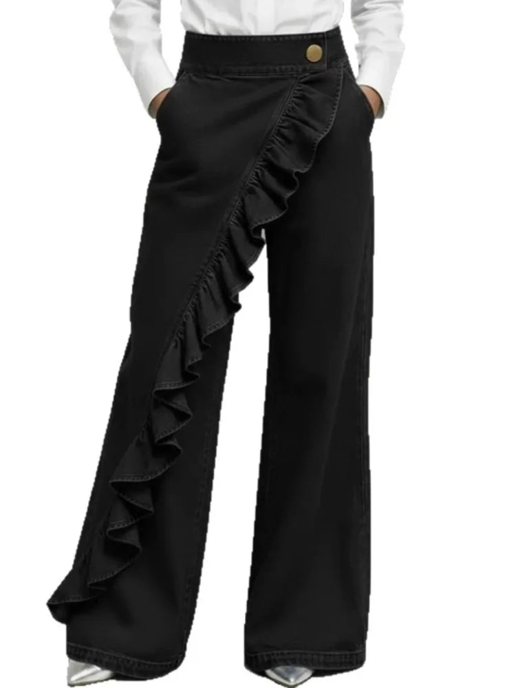 SHENGPALAE American Style Loose Irregular Splicing High Waisted A-line Wide Leg Jeans For Women Spring 2026 New