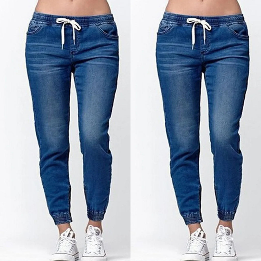 Lace-up Jeans for Women Denim Pants Casual Loose Slim Fit Stretch Long Denim Pure Color Trousers Blue Black Jean 2024 summer