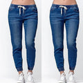 Lace-up Jeans for Women Denim Pants Casual Loose Slim Fit Stretch Long Denim Pure Color Trousers Blue Black Jean 2024 summer