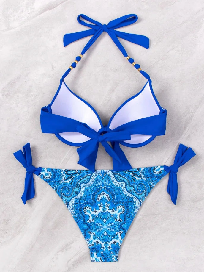 2026 Push Up Halter Bikini Printed Swimsuit Women Sexy Strappy Swimwear Female Bathers Bathing Swimming Swim Suit Beachwear