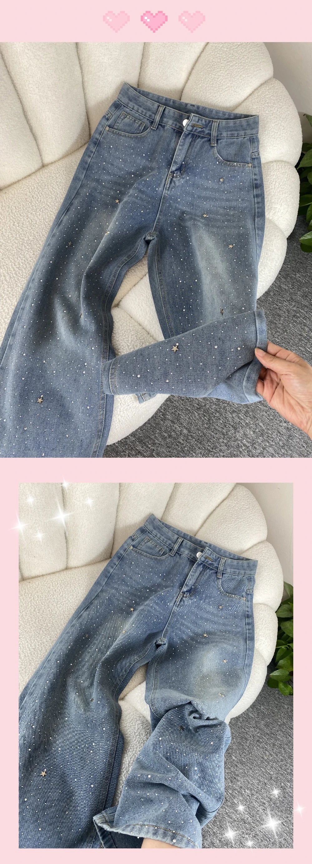 Shiny Diamond Bling Denim Pants Spring Autumn Women High Waist Straight Wide Leg Jeans Glitter Rivet Loose Blue Denim Pants ﻿