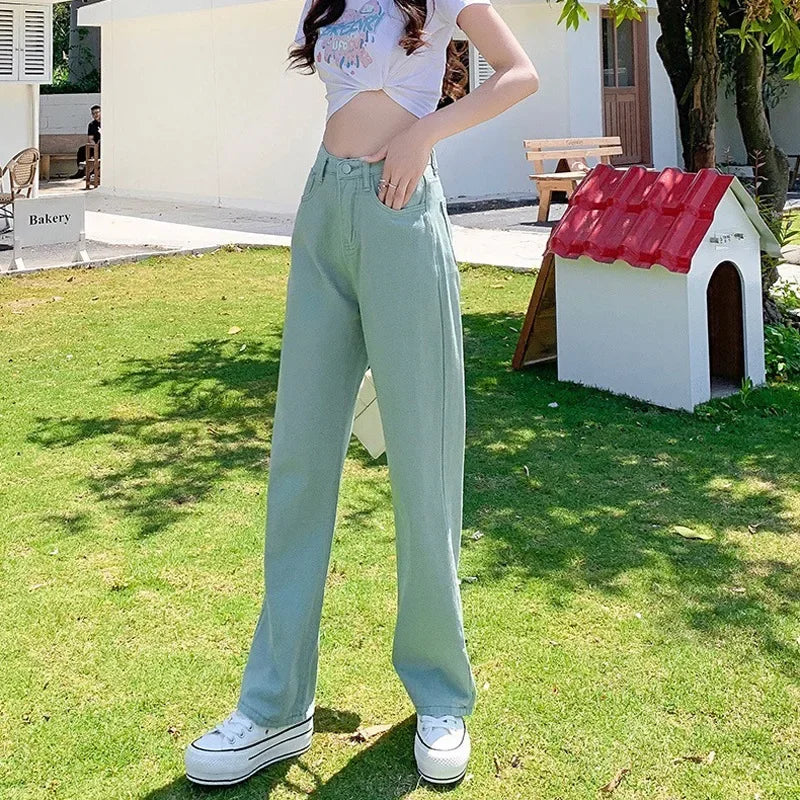 Loose Straight Leg Jeans, Korean Version of Women's Autumn Water Washing High-waisted Wide-leg Pants, Casual Floor-length Jeans