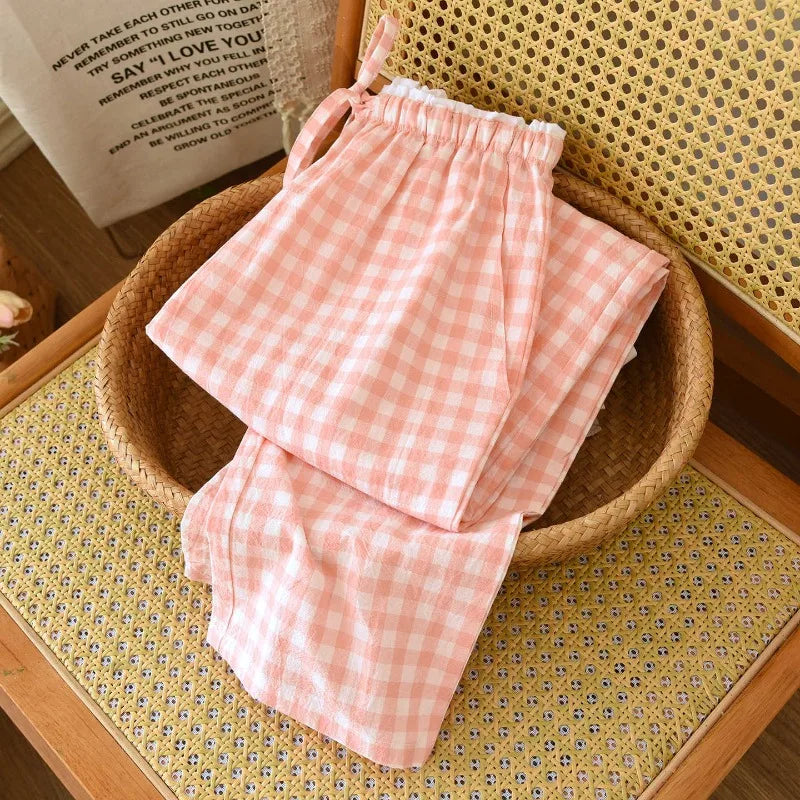 2026 new women's sleepwear 100% cotton gauze lace checkered pants Japanese minimalist home pants bottoms womens sleepwear