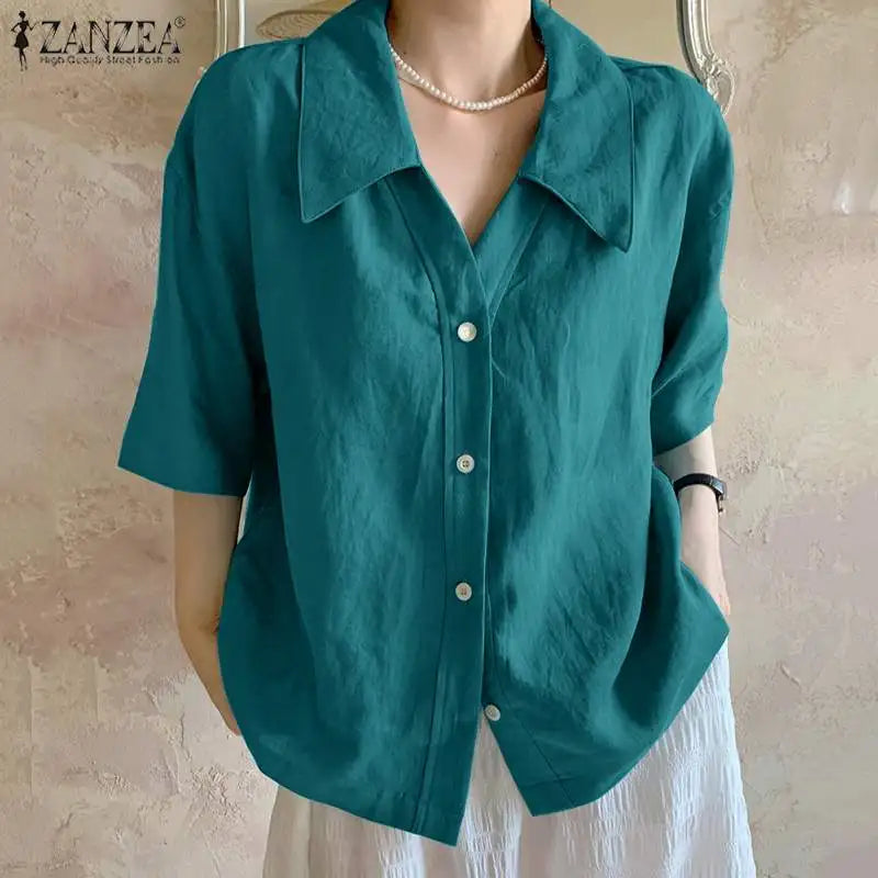 2023 ZANZEA Summer Shirt Women Blouses Turn-Down-Collar 3/4 Sleeved Buttons Up Blouse Loose Tops OL Shirts Solid Blusas Tunic