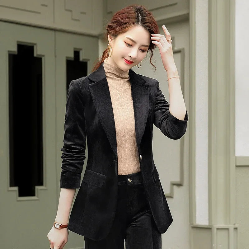 Women's Long-Sleeved Corduroy Jacket, Casual Small Suit, Formal Wear, Slim, Slimming Monochromatic, Fashion, Spring, Autumn, New