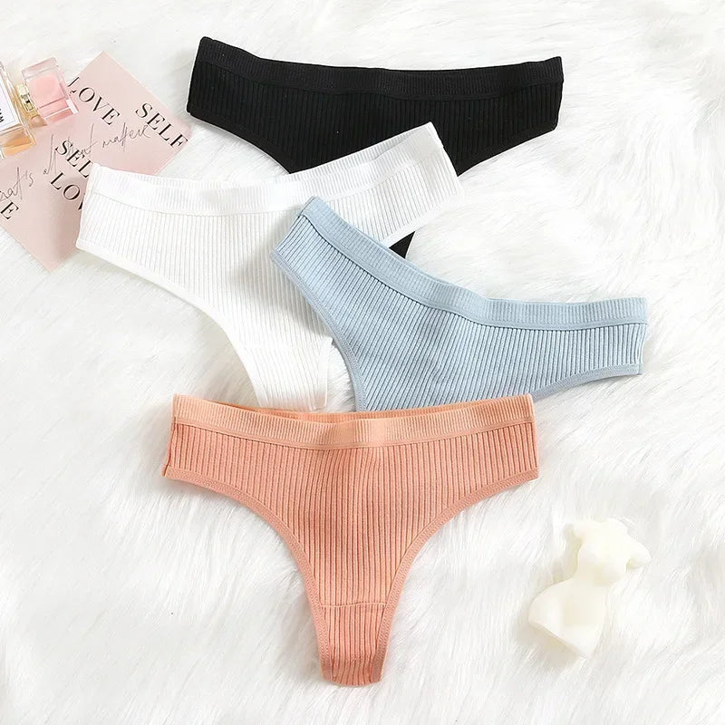 Women's Panties Seamless Ribbed Thongs Low Waist Underpants Comfortable Cotton G-strings Solid Color Underwear Female Lingerie