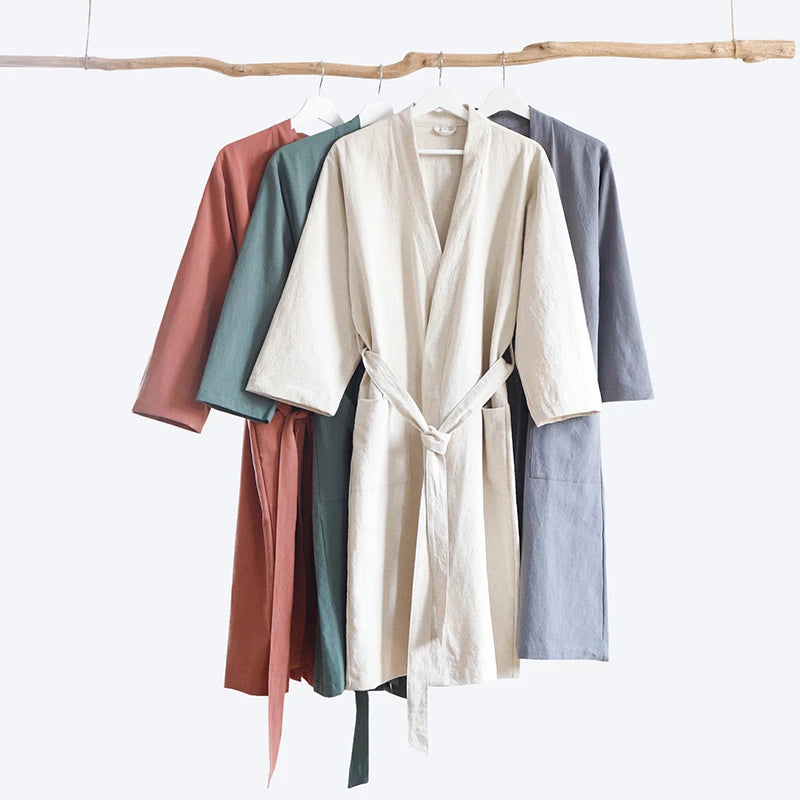 70% Cotton 30% Linen Kimono Bathrobe Nightgown 2025 New Loose Men And Women Dressing Gown Sleepwear Nightwear Solid Hotel Robe