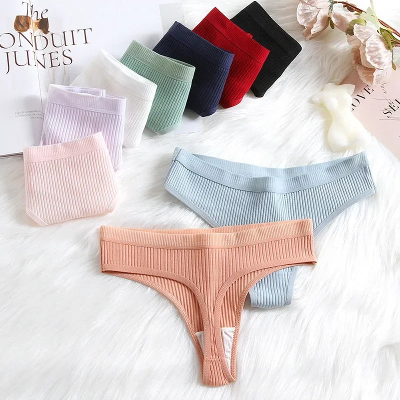 Women's Panties Seamless Ribbed Thongs Low Waist Underpants Comfortable Cotton G-strings Solid Color Underwear Female Lingerie