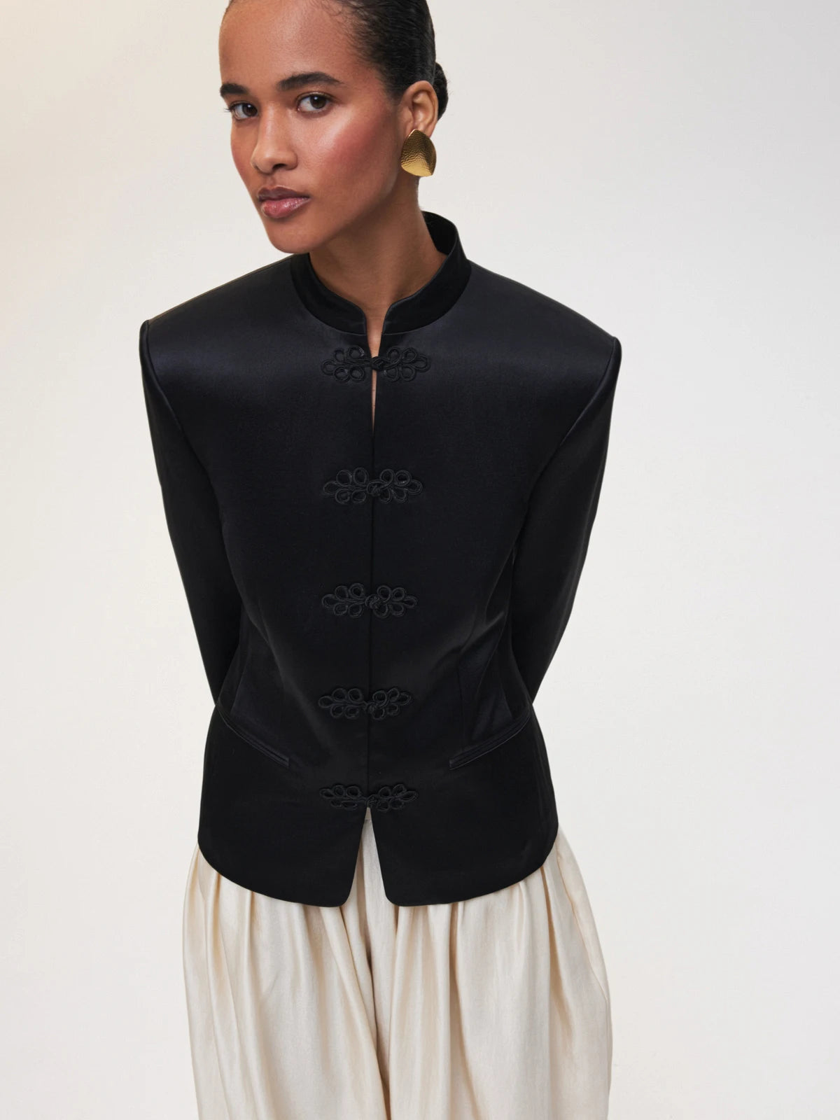 DFDG Women's Spring Summer Satin Mandarin Collar Knot Button Blazer Chic Formal Casual Wear 2026 Trendy Feminine Fashion Coat