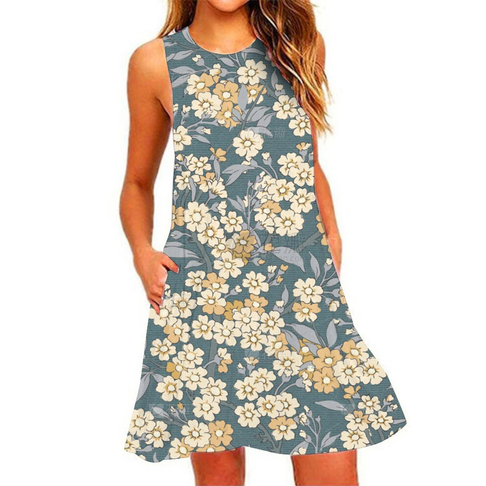 Summer New Women's Dresses Beach Casual Pineapple Printed Sleeveless Short Dress Round Neck Breathable Elastic Short Dresses