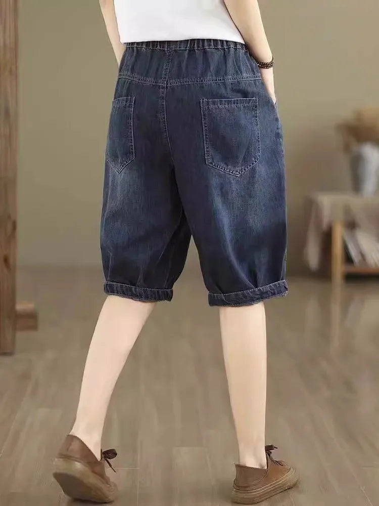 High Waist Loose Fit Cartoon Embroidery Denim orts Women's Summer Thin Harem Pants Wide Leg Casual Trousers