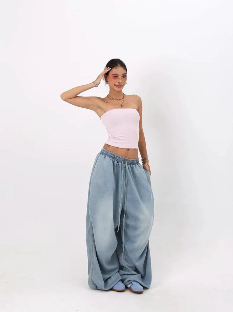 Autumn Oversized Women Wide Leg Jeans Y2K Hip Hop Streetwear Loose Denim Pants High Waist Drawstring All Match Straight Trousers