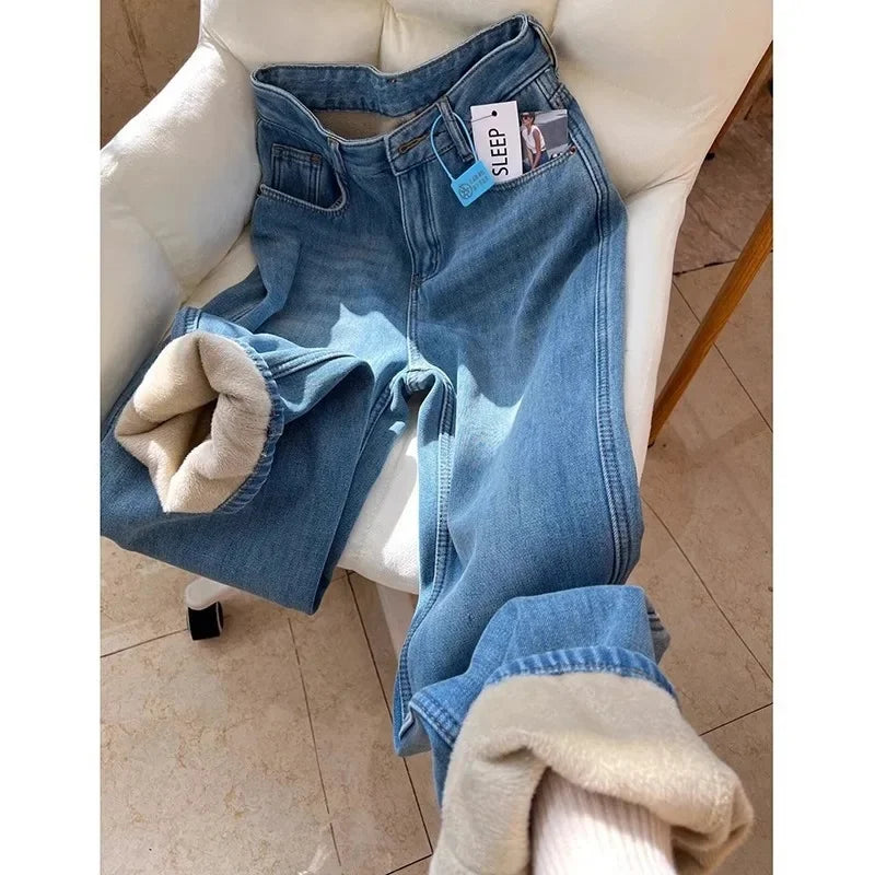 Thickened Fleece High Waist Straight Leg Jeans Women Winter New Style Loose Slim Wide Leg Pants Floor-Length Trousers