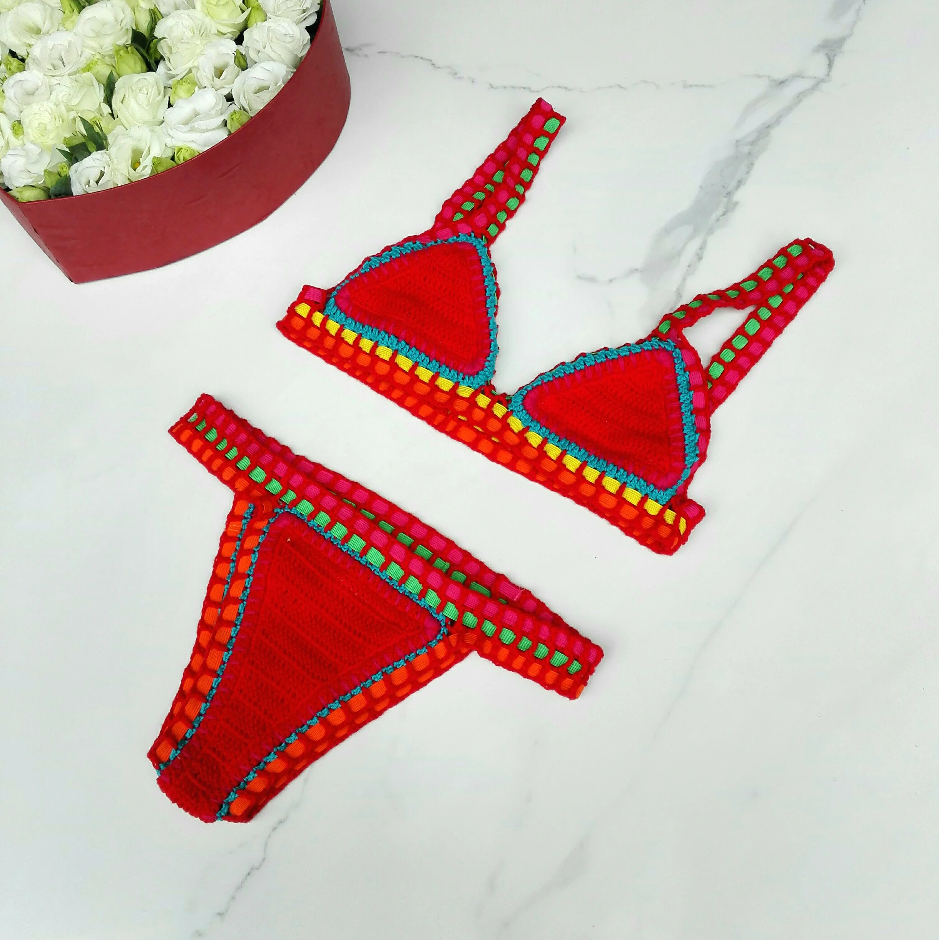 High Quality Women Handmade Crochet Bikini Set Cotton Crochet Colorful Sexy Boho Swimwear Vacation Beachwear Bathing Suit