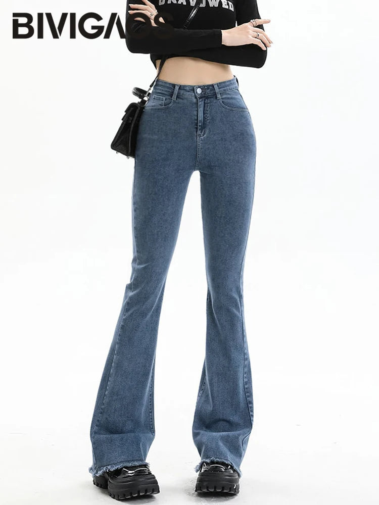 BIVIGAOS 2025 New Autumn Spring Micro Flared Jeans Women High Waist Slim Tight Retro Tassel Hem Stretch Denim Horseshoe Pants