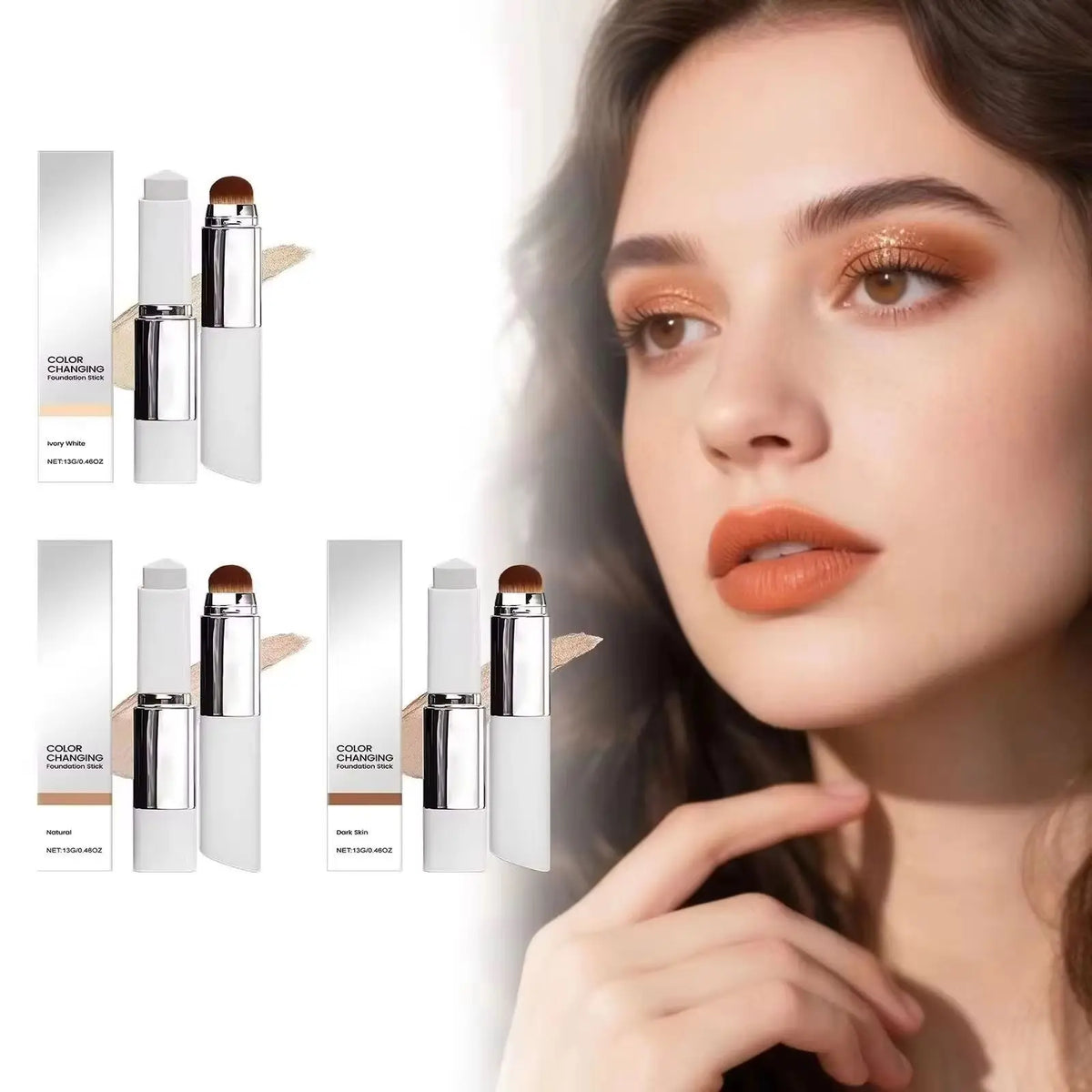 2-in-1 Color-Changing Foundation Stick Full Coverage Lightweight Moisturize Finish Base Makeup Dual-Ended with Detachable Brush