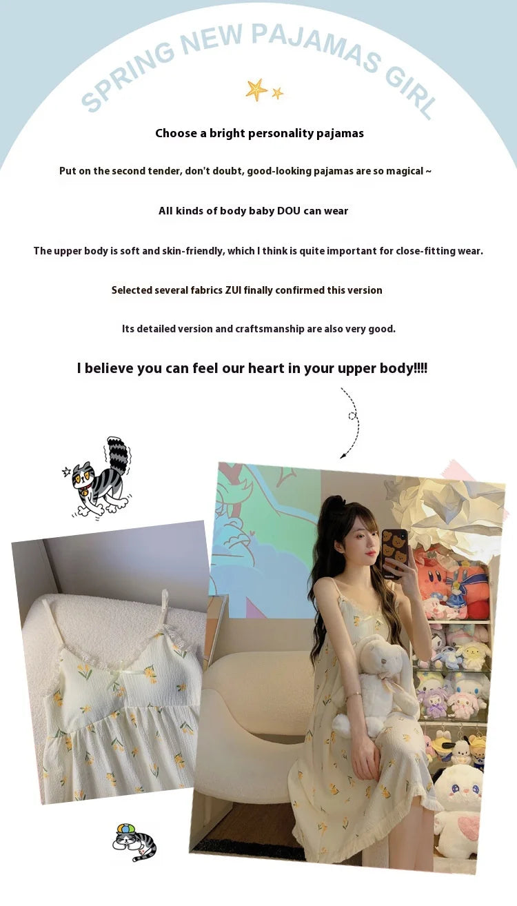 With Chest Cushion Halter Nightgown Female Summer Floral Breathable Thin Section of the Princess Style Loose Knee-Length Pajamas