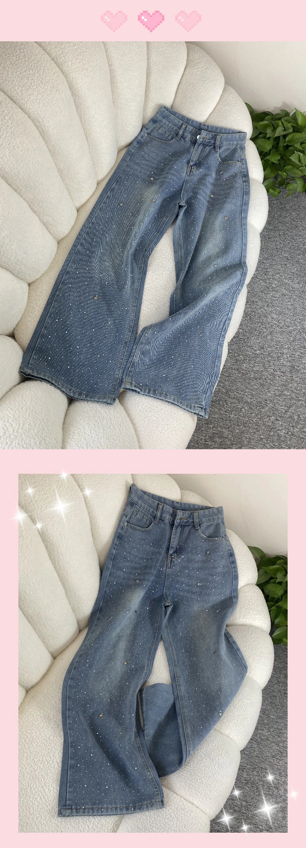 Shiny Diamond Bling Denim Pants Spring Autumn Women High Waist Straight Wide Leg Jeans Glitter Rivet Loose Blue Denim Pants ﻿