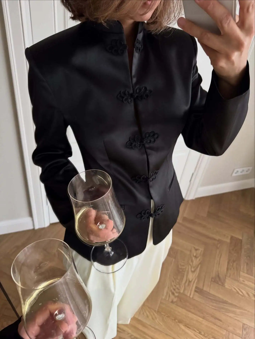 DFDG Women's Spring Summer Satin Mandarin Collar Knot Button Blazer Chic Formal Casual Wear 2026 Trendy Feminine Fashion Coat