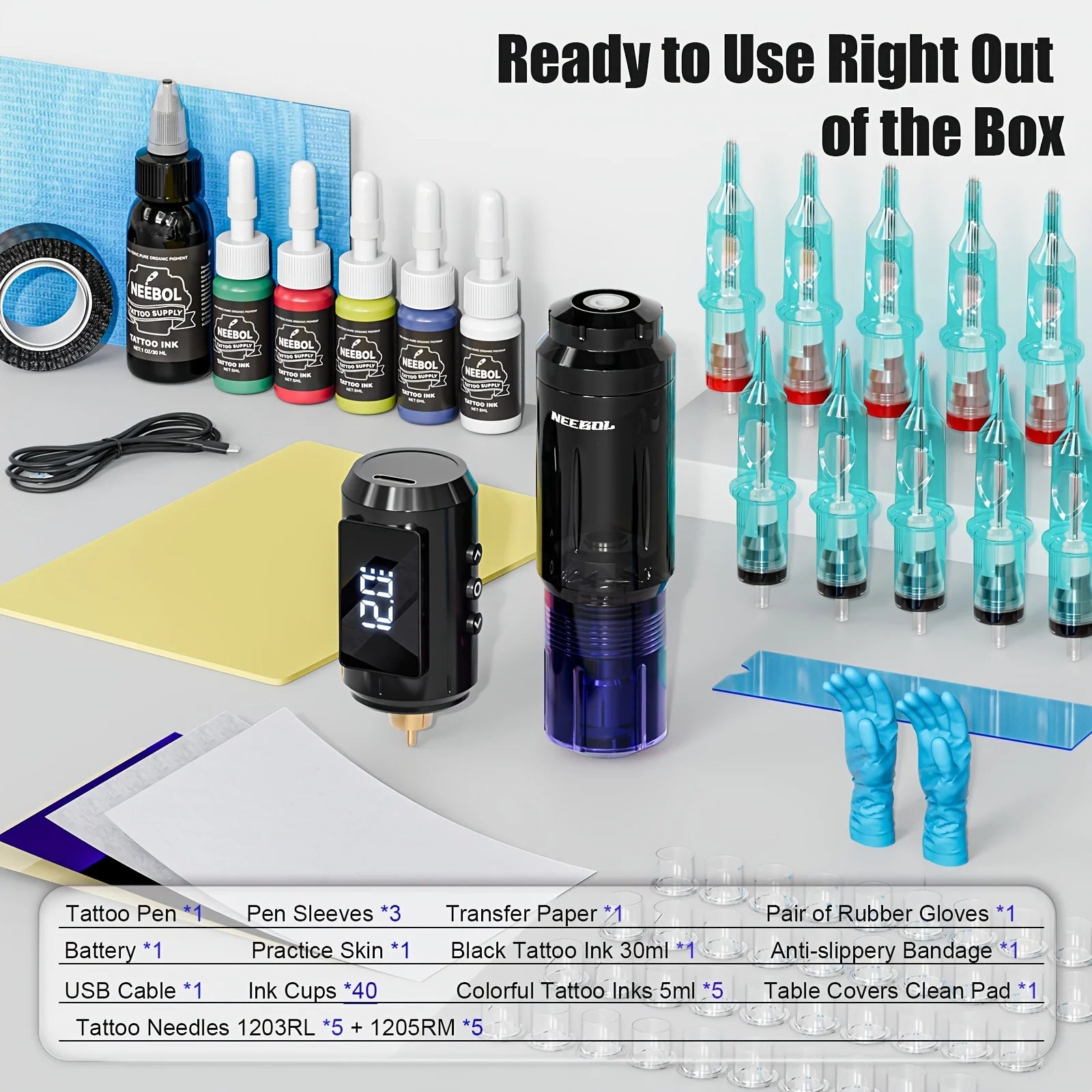 Neebol Tattoo Gun Kit Complete Set with Full Tattoo Supplies, Ultra lightweight Rotary Tattoo Machine With 1600mAh Battery, 10 Tattoo Needles, Extra Black Ink, Cordless Tattoo Pen Wireless, Translucent Design, Body Art Makeup