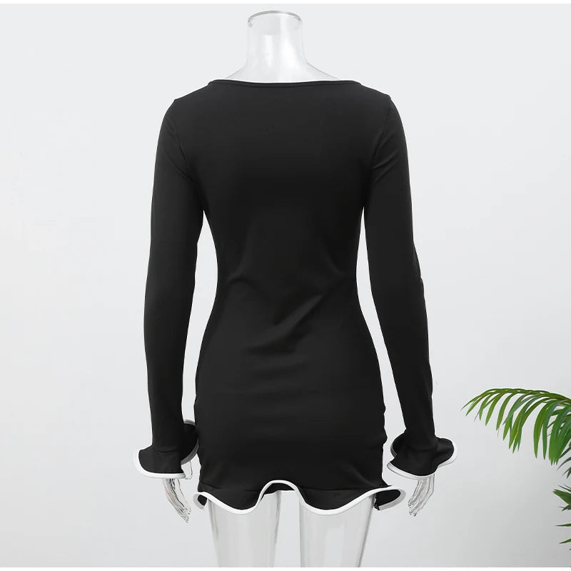 Women Solid Color Ruffles Hem Mini Dress Elegant O Neck Long Sleeve Slim Fit Gown Summer Vacation Holiday Party Dress