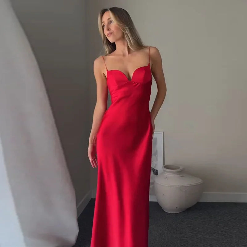 Sexy Satin Long Sling Dress Women Square Collar Sleeveless Backless Pleated Dresses Female 2026 Spring Lady Party Evening Robes