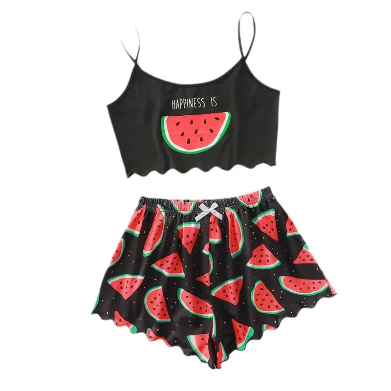 Watermelon Lettuce Women Pajama Set Sleeveless O Neck Crop Top & Elastic Waist Shorts 2 Pieces Female Sleepwear Summer Nightwear