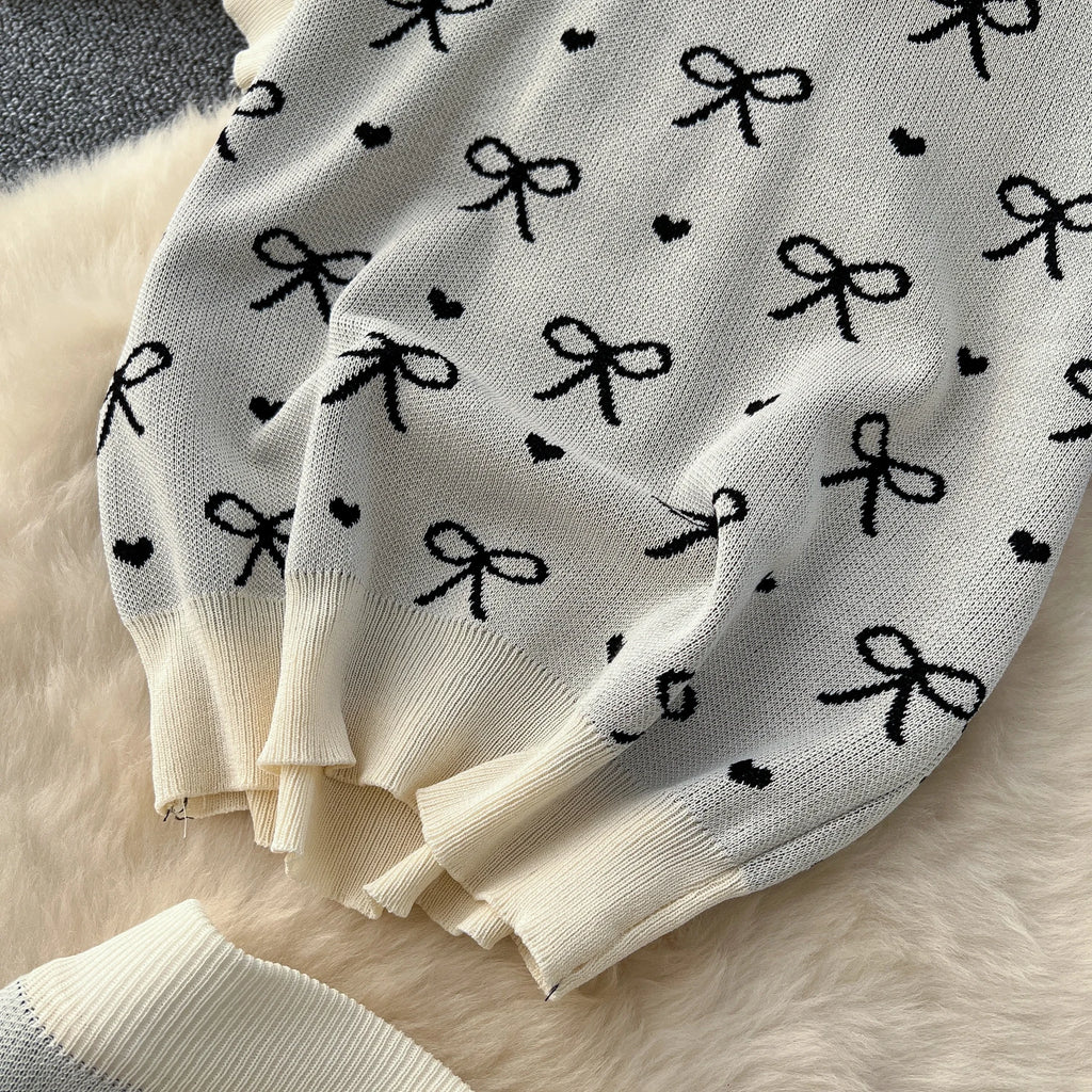 SINGREINY Newest Summer Knitting Suits O Neck Basic Tops+High Waist Sheath Long Skirt Bow Print Chic Casual Women 2pcs Sets