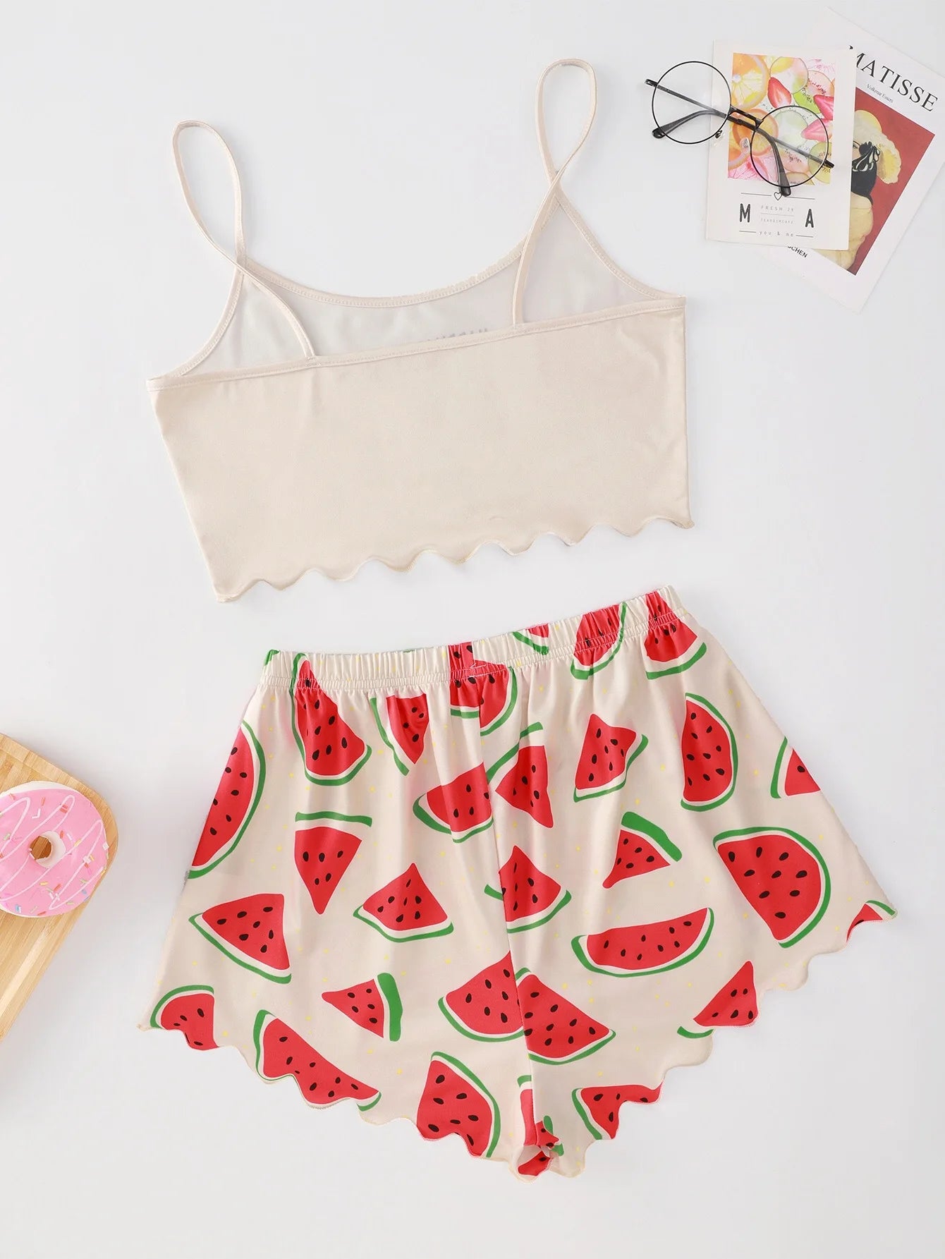 Watermelon Lettuce Women Pajama Set Sleeveless O Neck Crop Top & Elastic Waist Shorts 2 Pieces Female Sleepwear Summer Nightwear