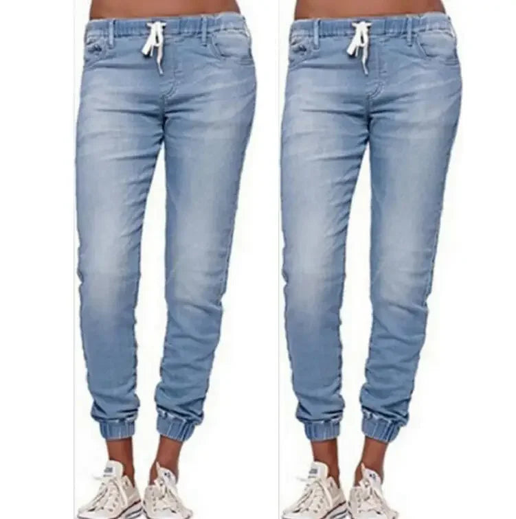 Lace-up Jeans for Women Denim Pants Casual Loose Slim Fit Stretch Long Denim Pure Color Trousers Blue Black Jean 2024 summer