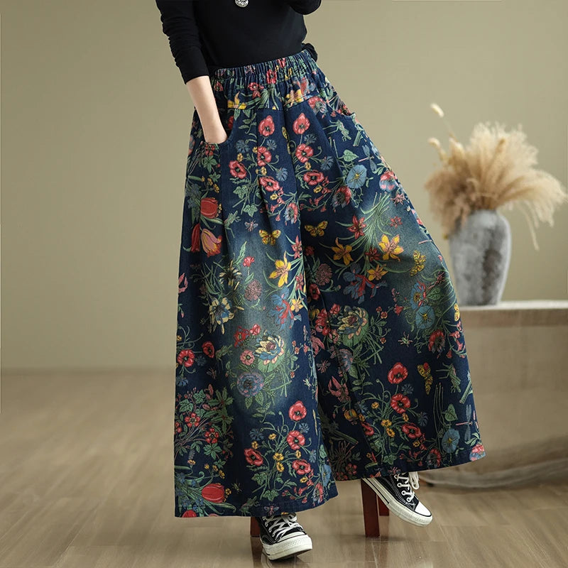 Women Ethnic and Retro Printed Wide-Leg Jeans for Autumn Winter New Style Elastic Waist Loose Fit Casual Versatile Denim Trouser