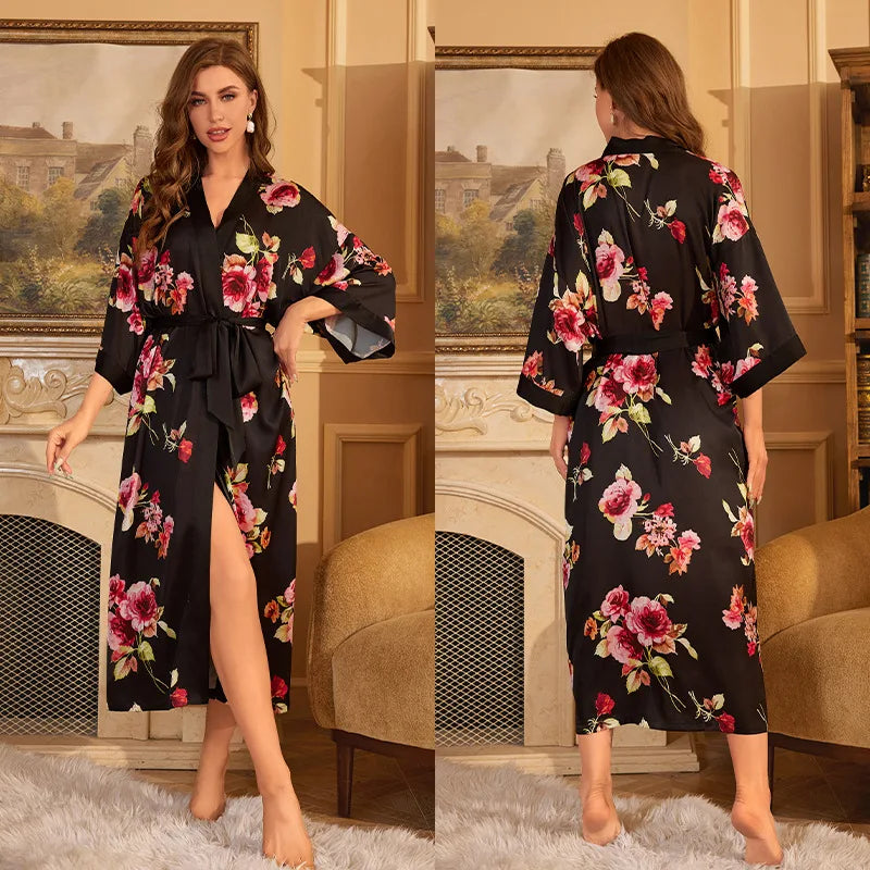 Print Flower Female Long Robe Sleepwear Japanese Kimono Bathrobe Gown Spring Summer Satin Nightgown Loose Casual Home Dress Wear