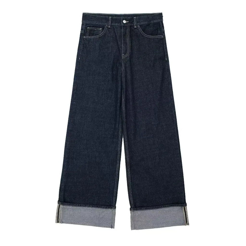 HH Women's High-Waisted Jeans Slim Trailing Trousers Rolled Leg Denim Pant Fashion Lady High Street Casual Wide-Leg Jeans