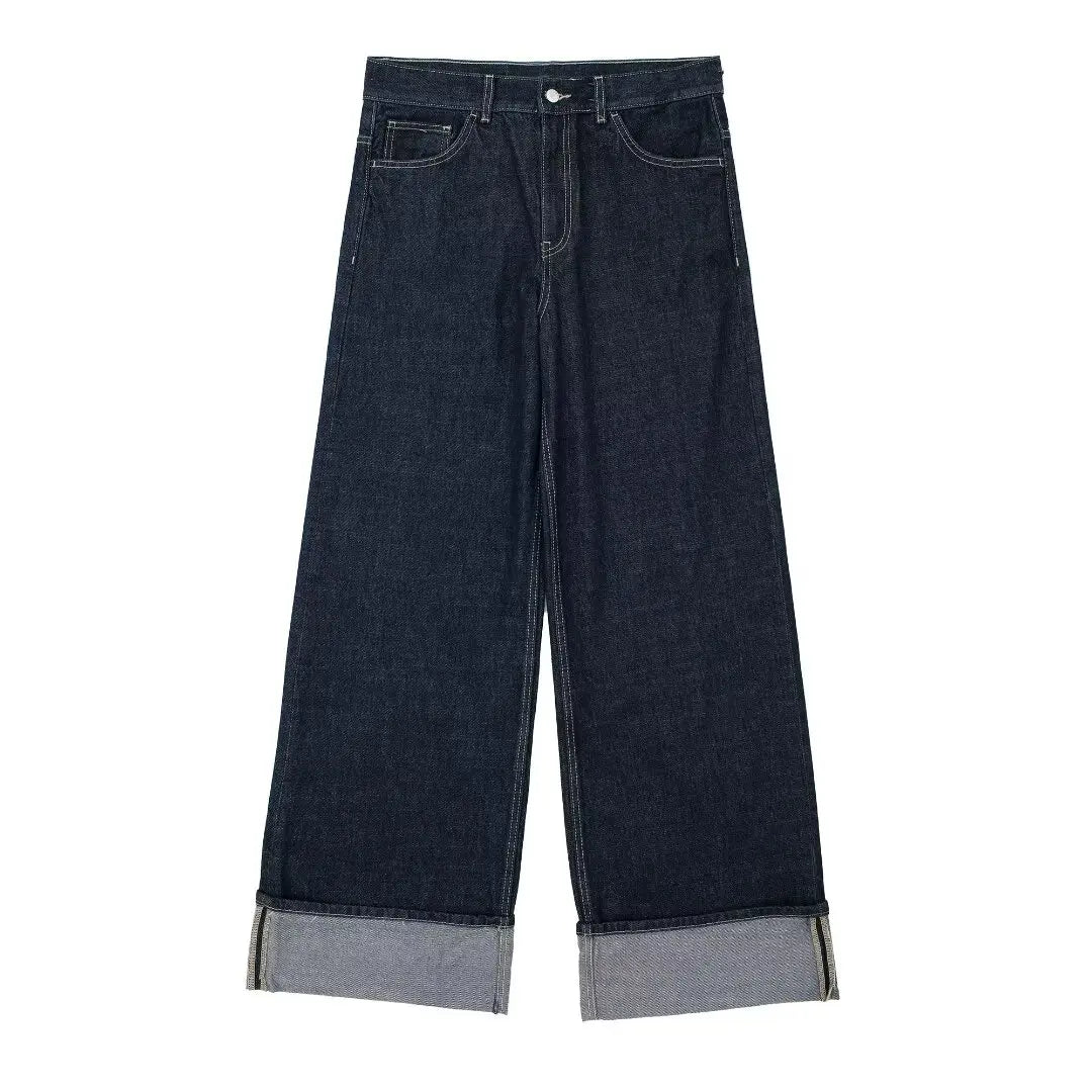HH Women's High-Waisted Jeans Slim Trailing Trousers Rolled Leg Denim Pant Fashion Lady High Street Casual Wide-Leg Jeans