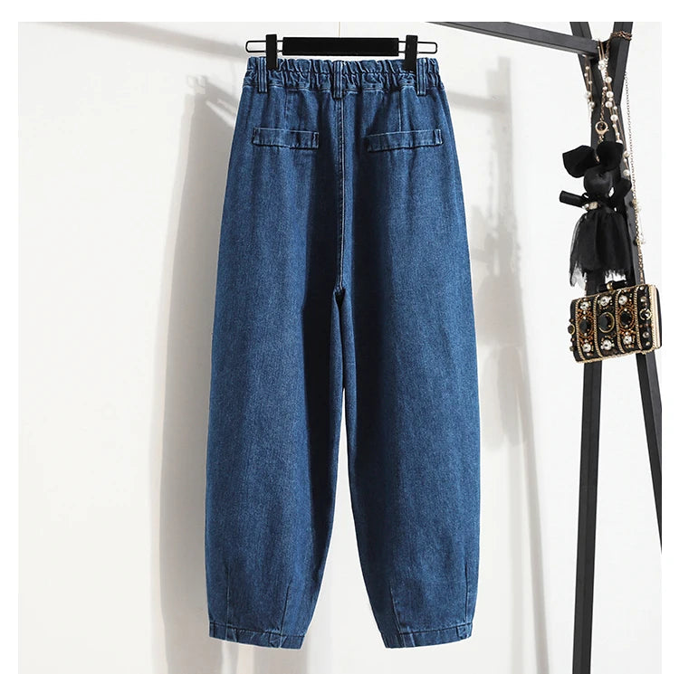 Oversized Women Jeans Spring Elastic Waist Wide Leg Loose Denim Harem Pants Large Size Female Baggy Pants