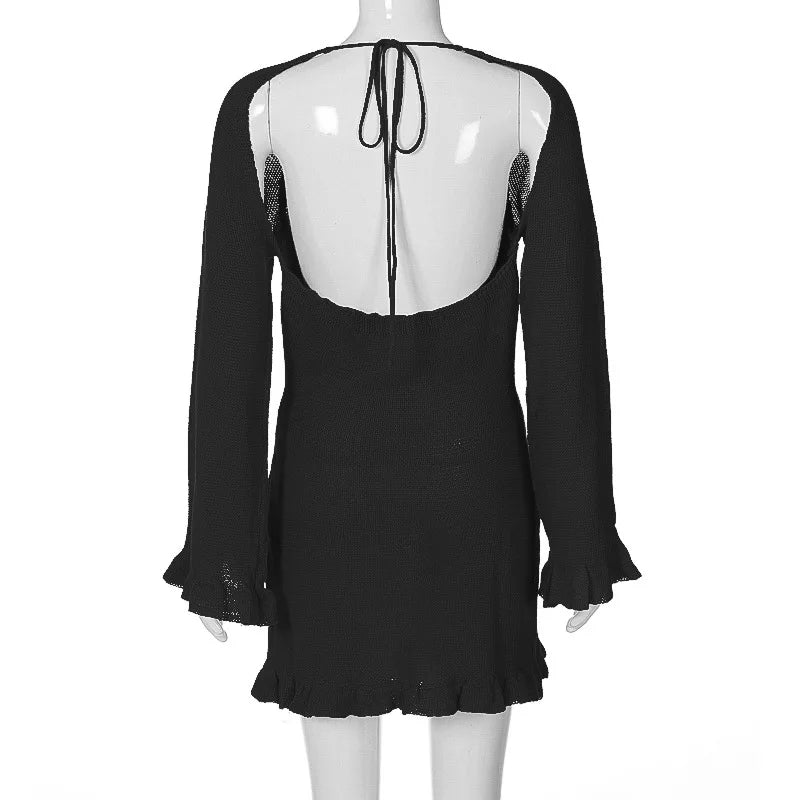 2026 Women Ins Style Sexy Backless Neck-hanging Long Sleeve Fishtail Dress Knit Beachwear Summer Swimsuit Bikini Cover-ups A2825