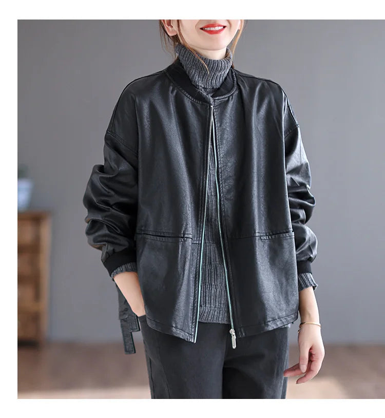 Amax luluE 2024 Autumn Fashion Biker Clothes Womens Loose Vintage Faux Leather Jackets Luxury Punk Pu Coats Black Big Outerwear