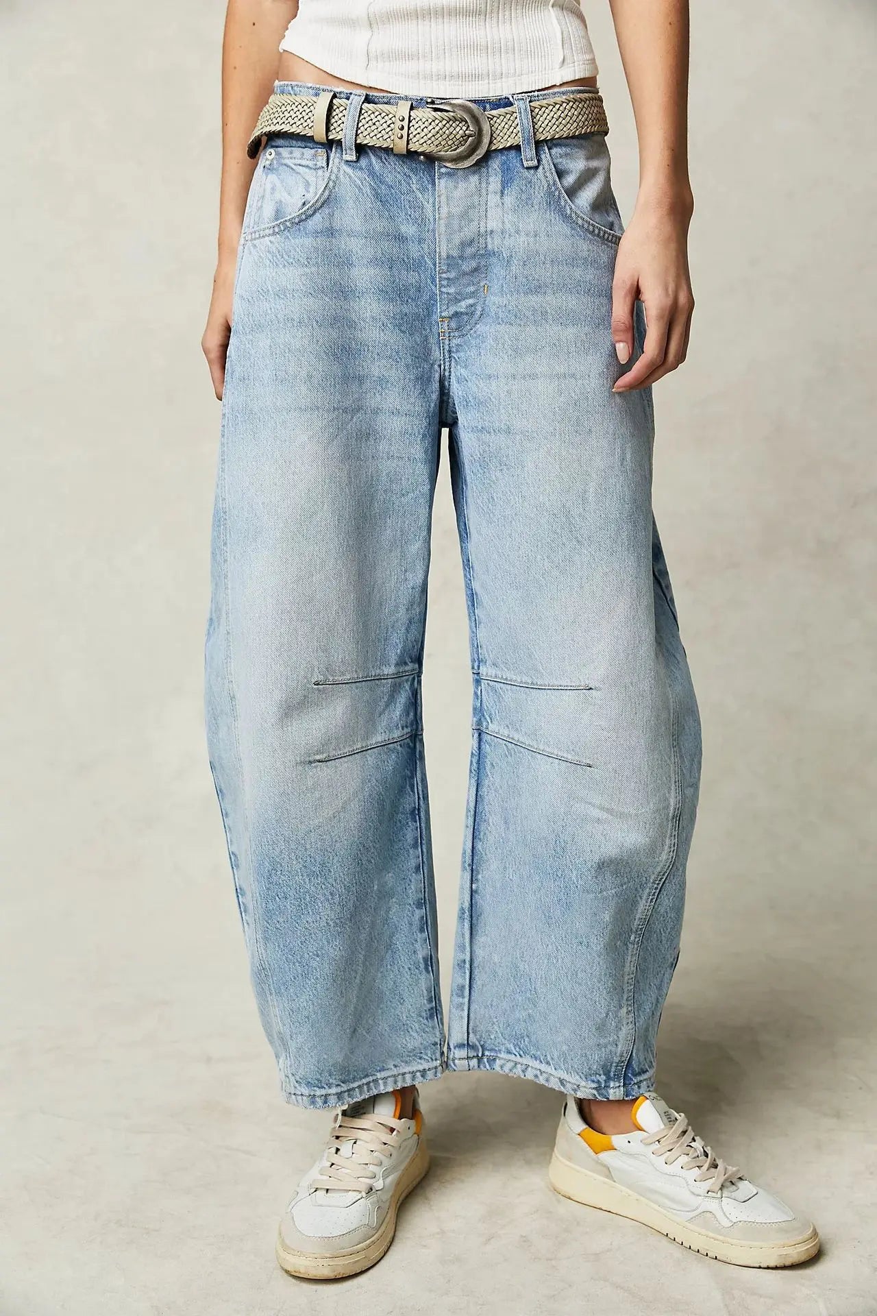 Women Loose Mid Waist Jeans Denim Full Length Pants Sexy Fashion Solid Color Trousers Denim Pockets Bleached