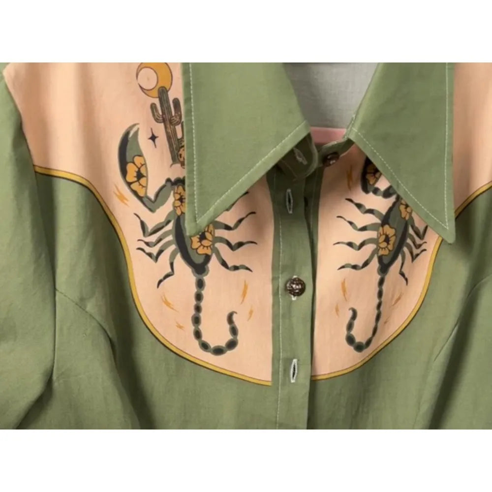 Flowers and Scorpions Printed Western Cowboy Dress for Women Sexy Girly Button-down Dress Short Sleeves 100% Cotton Summer Dress