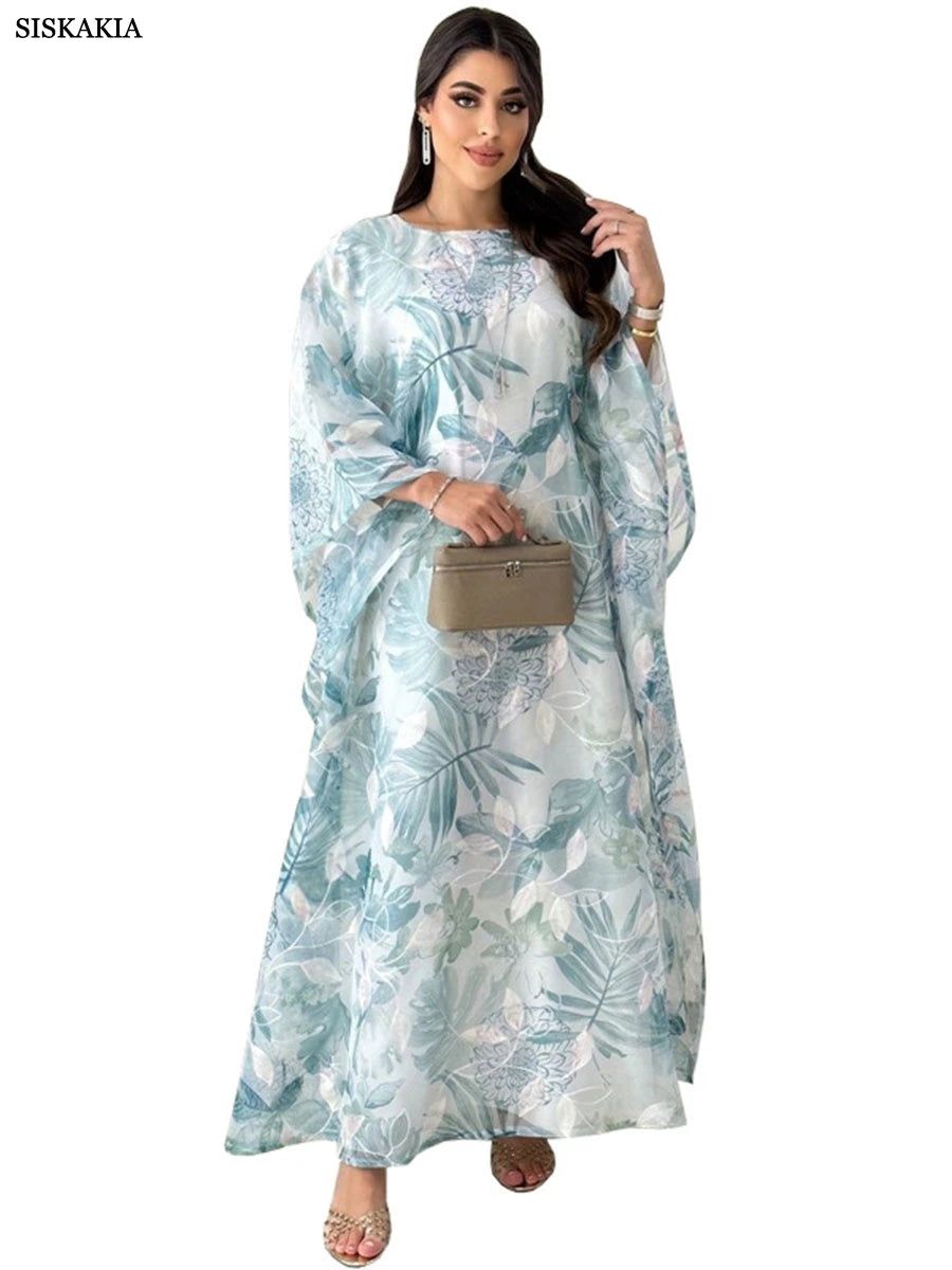 Siskakia Muslim Printing Dress For Woman Batwing Sleeve O-Neck Dubai Abaya Elegant Casual Loose Moroccan Saudi Kaftan Fashion