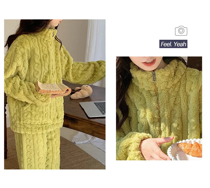 Large Size Flannel Pajamas Set Autumn Winter Female Sleepwear Trouser Suit Thicken Coral Fleece High Collar Lounge Wear Homewear