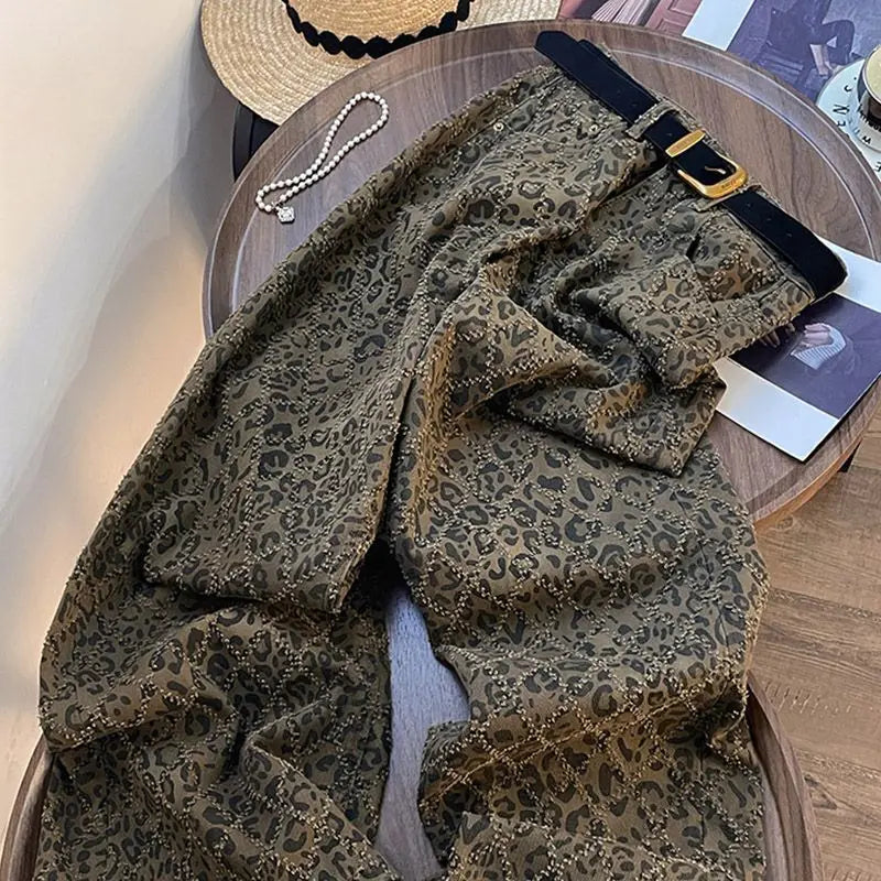 2025 Winter New Arrival American Retro High Street Leopard Print Jeans for Women High Waist Loose Straight Pants