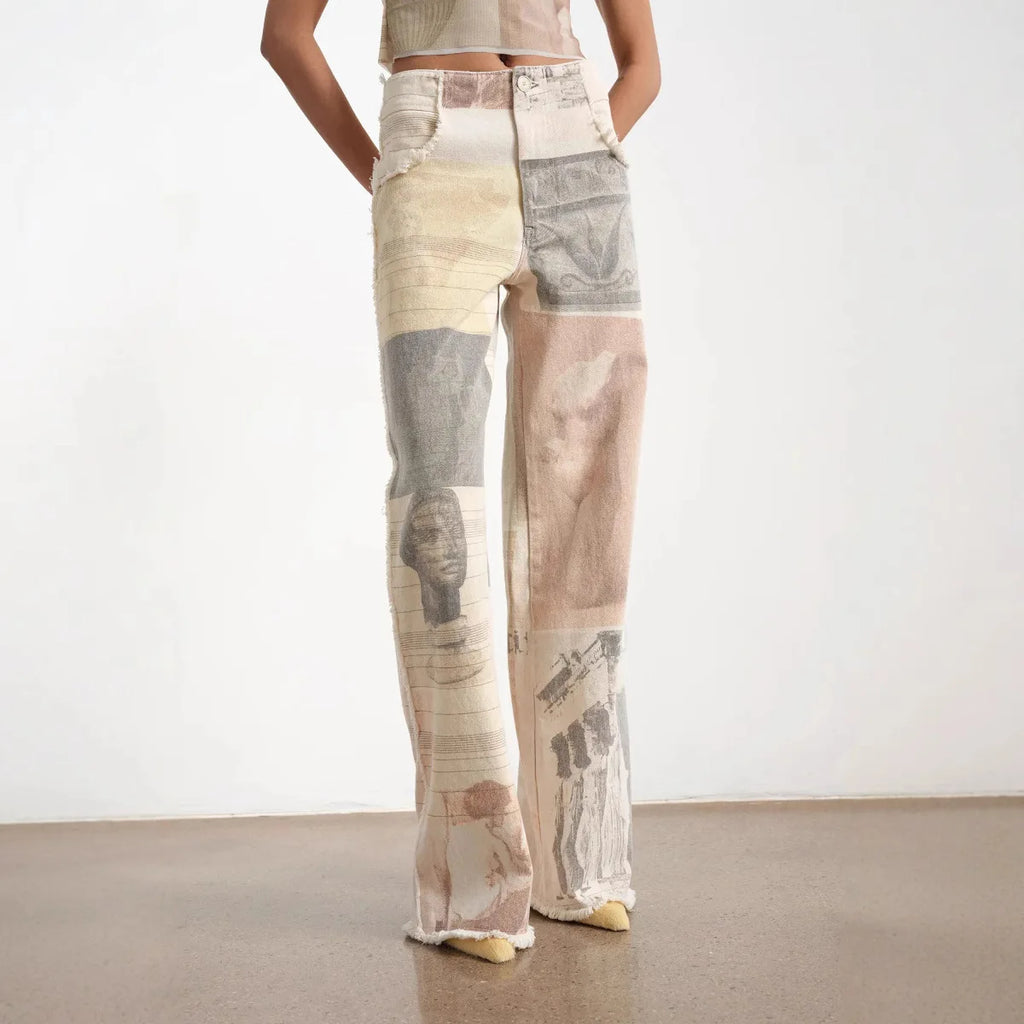 Women's Off White Wide Leg Jeans American Retro Loose Fit Printed Design Floor Length Denim Pants High Waist Trousers