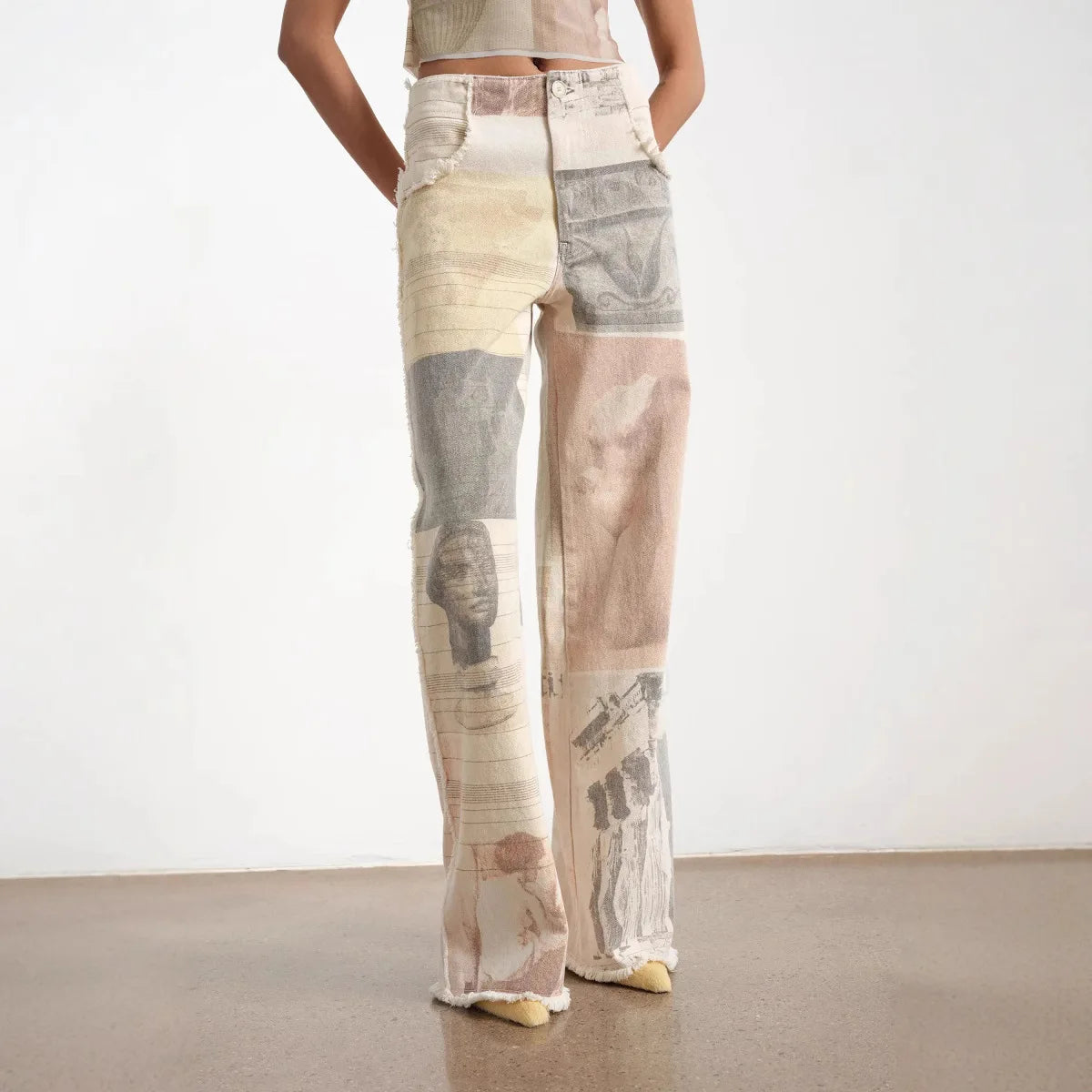 Women's Off White Wide Leg Jeans American Retro Loose Fit Printed Design Floor Length Denim Pants High Waist Trousers