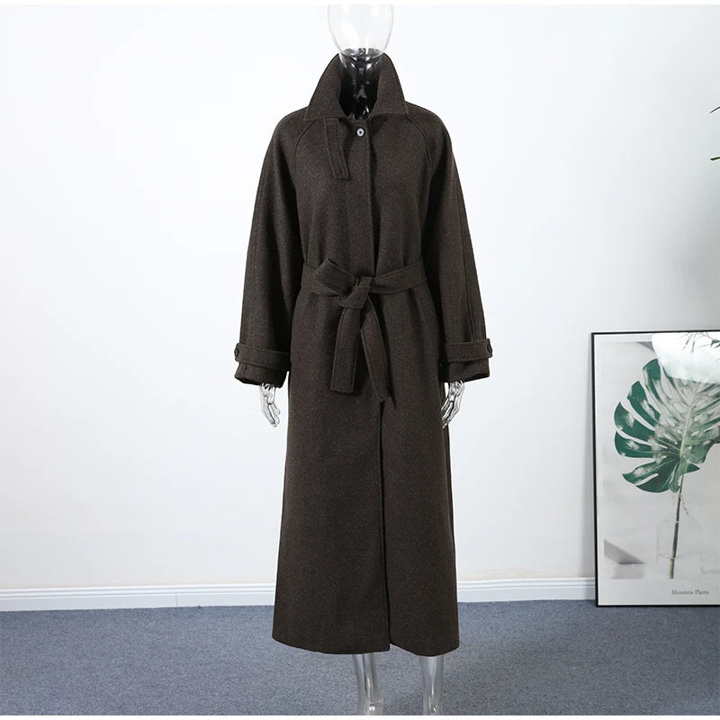 Elegant Stand Collar Long Woolen Coat Women Loose Full Sleeve Single Breast Warm Overcoat 2026 Spring Lady Outwear New