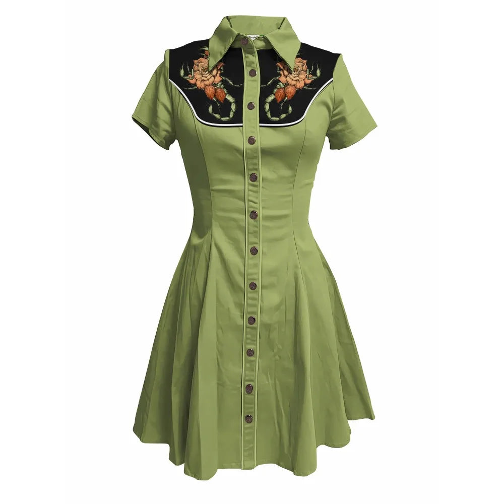 Flowers and Scorpions Printed Western Cowboy Dress for Women Sexy Girly Button-down Dress Short Sleeves 100% Cotton Summer Dress