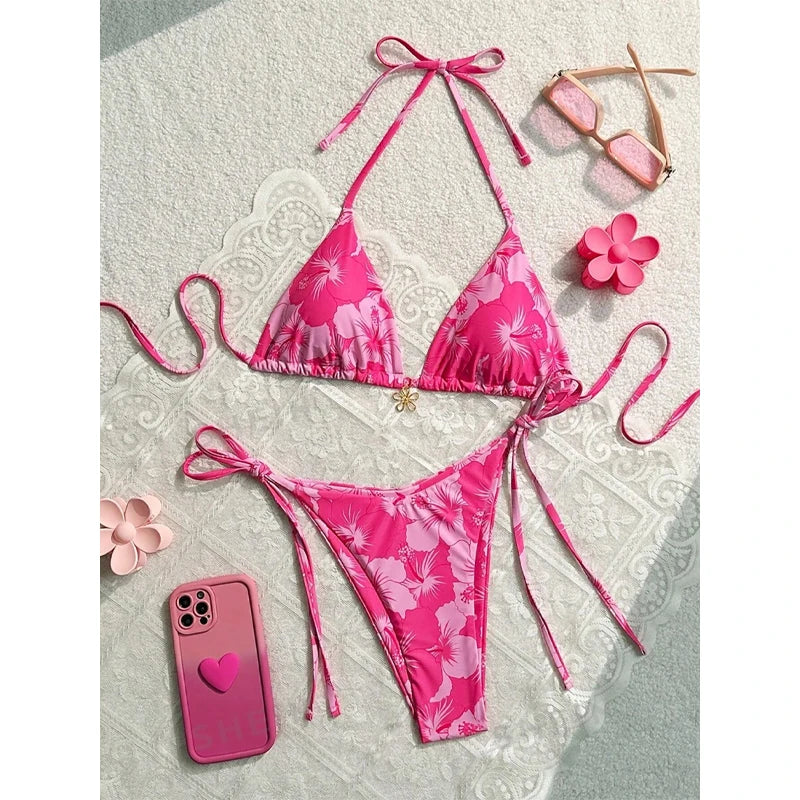 Sexy Pink Floral Print Bikini 2025 Mujer Women Metal Flower Ornament Push Up Thong Swimwear Summer Bathing Suit Micro Swimsuit